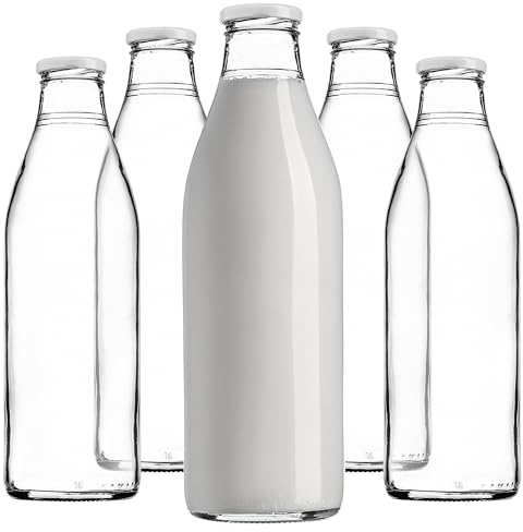 KADAX Botellas de leche de 1 litro con tapa, botellas de cristal de 1 litro con tapón de rosca, botellas vacías para llenar con leche, botellas de boca ancha (5 unidades)