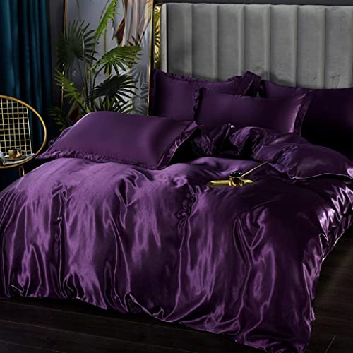 RK Linen Luxury Satin Silk 5-Piece Duvet Cover Set with Zipper Closure & Corner Ties – [Purple] – [California King] – Luxury Soft Bedding for Elegant Comfort