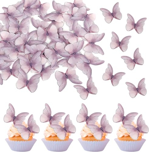 48 Pack Butterfly Edible Cupcake Toppers Butterflies Cake Decoration Edible Butterfly Cupcake Picks for Butterfly Theme Wedding Bridal Shower Baby Shower Birthday Party Decorations Supplies Purple