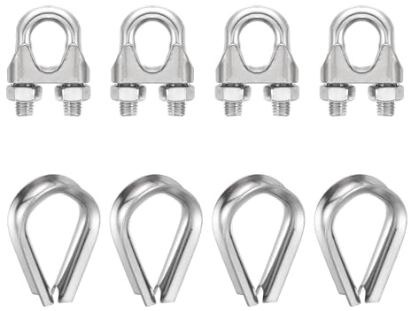 sourcing map Juego de 4 abrazaderas de clip para cable de cuerda de alambre de 3/8 pulgadas M10 pequeñas de acero inoxidable 304 con dedal para aparejos seguros para tendedero, color plateado