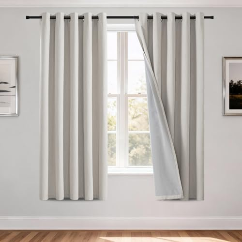 H.Versailtex 100% Blackout Curtains Super Soft Privacy Protection & Thermal Curtain Eyelet Curtains for Bedroom Living Room, Vertical Blinds Soundproof Curtain, 46 Width x 54 Drop 2 Panels, Ivory
