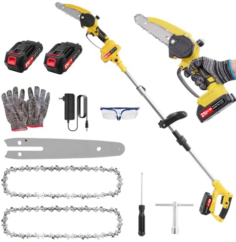 2-in-1 Hochentaster Akku & 6 Zoll Mini Kettensäge mit 2×2.0ah Akku, Bürstenloser Motor, Arbeitshöhe bis1.72m, 21V Teleskop Astsäge Astschere Hochentaster Elektrisch für Baumzweige, Holzschneiden