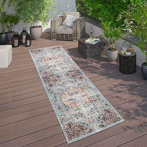 Paco Home In- & Outdoor Teppich Modern Orient Print Terrassen Teppich Türkis, Grösse:80x250 cm
