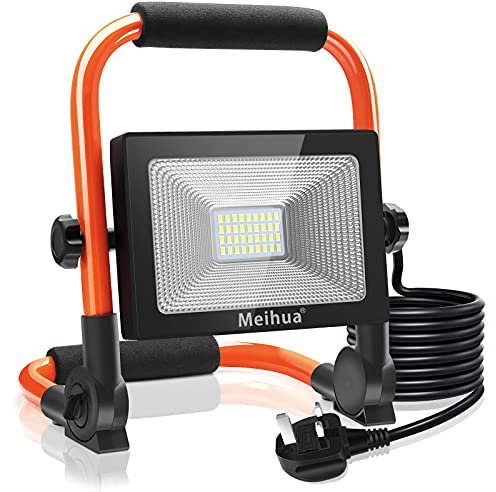 MEIHUA 35W LED Work Light 3000LM, Job Site Light, Plug in Folding FloodLight, Portable Stand Work Lights Mains Powered for Car Repairing Home Workshop Garage, 6500K Cold White 3.5M Wire with Plug