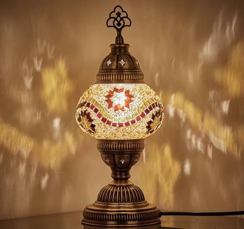 DEMMEX Handmade Colorful Mosaic Glass Table Desk Bedside Lamp Lampshade with Antique Brass Base, Small 30cm H (Amber)