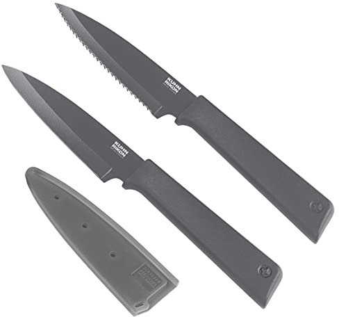 Kuhn Rikon Colori+ 2 Pc Grey Kitchen Knife Set (1x Paring Knife, 1x Serrated Kitchen Knife) Stainless Steel Blade Kitchen Knives Set. Sharp Knife Set – 3 Year Kuhn Rikon Kitchen Accessories Guarantee