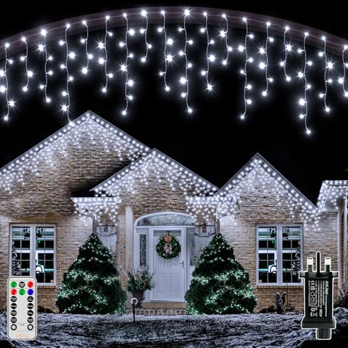 Ollny Icicle Outdoor Christmas Lights, 10M 400LED Waterproof Hanging Fairy Lights Cool White String Light, Plug/Remote/8 Modes/Timer/Connectable, Lighting Outside House Roof Gutter Xmas Decorations