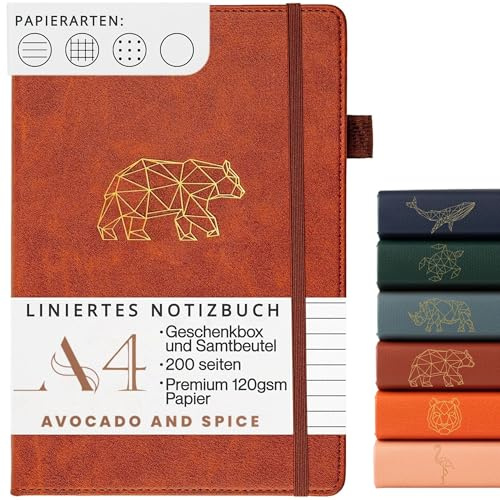 Avocado & Spice A4 Liniertes Notizbuch mit Geschenkbox & Samtbeutel – Notizbuch mit Einband aus Kunstleder, A4 Liniert - Lesezeichen, Gummiband, Stifthalter, 200 Dicke Seiten (Braun)
