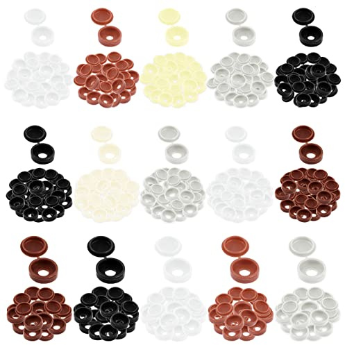 Mardatt 300 Stück 4/5/6 mm Scharnier-Schraubkappen, Farbsortiment, Kunststoff-Schraubenkappen, Faltschrauben-Abdeckungen, Unterlegscheiben, Flip-Tops, Schraublochstopfen (Schwarz/Weiß/Braun/Gelb/Grau)