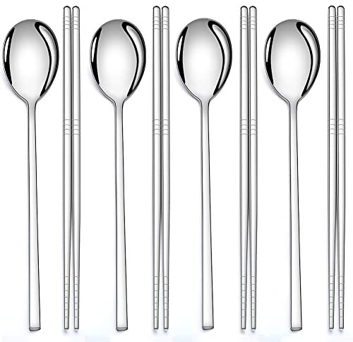 AOOSY 4 Pairs Chopsticks and 4 Spoons Set Korean Stainless Steel Chopsticks Spoons, Kitchen Reusable Metal Flat Long Handle Chopstick Spoon Set for Home, Kitchen or Restaurant
