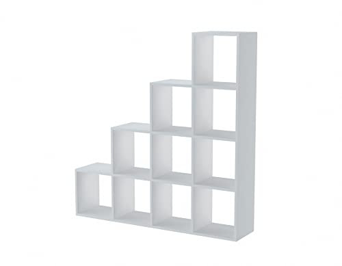 ADGO Step RS-40 4x4 Bücherregal, Cube Rack, Würfelregal, Regal für Wohnzimmer, Schlafzimmer Büro, Treppenregal, 10 Fachböden, Leiterregal, Raumteiler, Wandregal, Treppe (Weiß)(Versand in 2 Packungen)