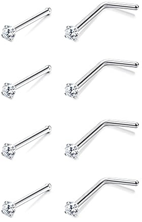 Sllaiss 8 Stücke Nasenstecker 20G Nasenstecker CZ Nasenpiercing 316L Edelstahl Nasenstecker für Frauen L Form Klein Nasenstecker Österreich Zirkonia Nasenpiercing Stecker Körperschmuck 1.5MM