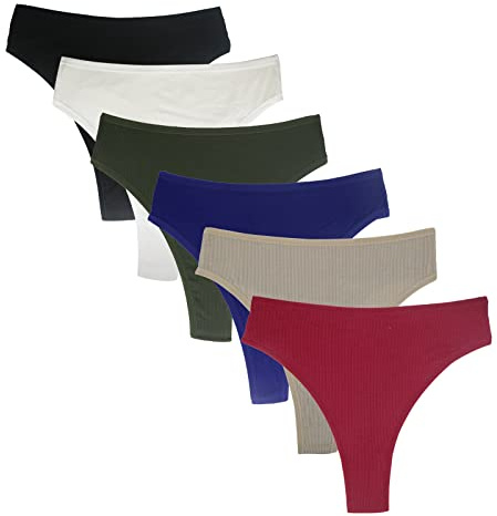 Deigecil Lot de 6 strings pour femme - En coton - Taille haute - Doux et confortable