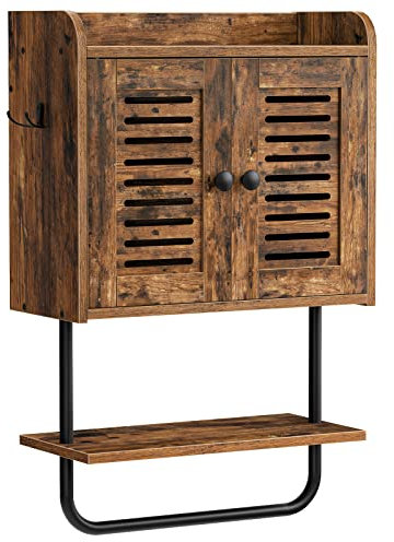 HOOBRO Medizinschrank, Badezimmerschrank, Wandschrank für Badezimmer, Küchenschrank, Badschrank mit Fensterläden und Handtuchhalter, verstellbares Regal, 2 Haken, Vintagebraun und Schwarz EBF46CW01