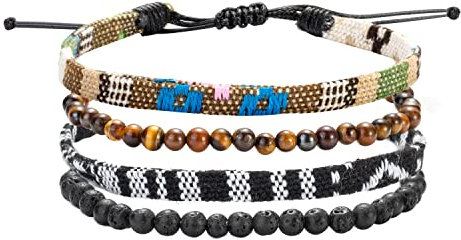 4 Stück Boho Surfer Armbänder Set für Herren Damen,Bunt Ethno Style Geflochtene Stoff Textil Seil Strand Armband,Cool Tigerauge Vulkanischen Stein Perlen Geschenk für Männer Jungs Kinder Jungen Junge