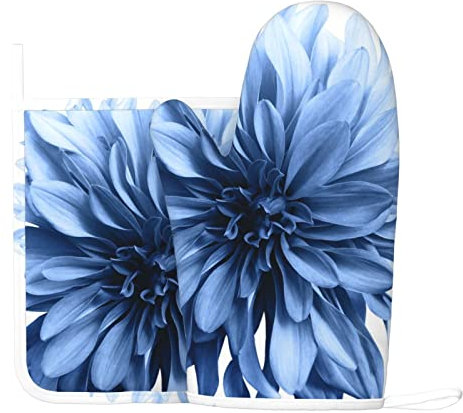 Blaue Dahlie-Blumen-Ofenhandschuhe, Topflappen-Set, hitzebeständig, Küchenhandschuhe für Küche, Kochen, Backen und Grillen im Freien