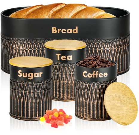 Cinnani Set porta pane da cucina da 4 pezzi in Rame Invecchiato e Design a Diamante, Coperchi in Bambù Multifunzione portapane