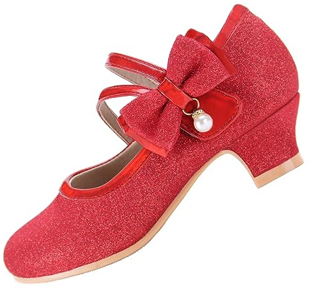 EIGHT KM® Girls Low Heel Dress Shoes Mary Jane Princess Wedding Party Pump Shoes EKM7035 Stunning Glitter Pearl Minerva Red UK Big Kid Size 5