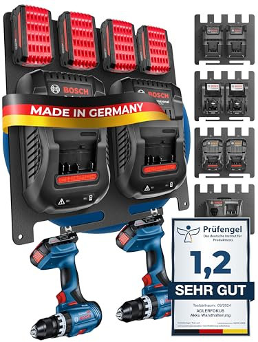 Adlerfokus Wandhalterung für Bosch Professional Akkus & Ladegeräte [Made in Germany] Akkuhalter mit Premium Montagematerial - Ladegerät - 33 x 32cm Akku Wandhalterung für Ordnung & System