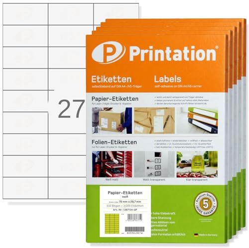 Printation Etiketten 70 x 32 mm blanko weiß - 13500 Klebeetiketten - 500 DIN A4 Bogen à 3x9 / BigPack - 27 70x32 Etiketten selbstklebend bedruckbar pro Blatt - Universal Haftetiketten 3479 4450 4440