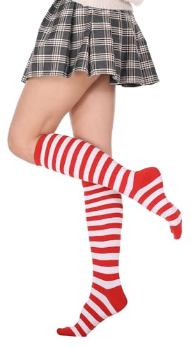 FGFD&OU Calcetines Largos Mujer Calcetines Altos Calcetines Hasta la Rodilla Calcetines de Rayas Termicos Caliente para Niñas y Mujeres Medias Navideñas (Blanco&rojo)