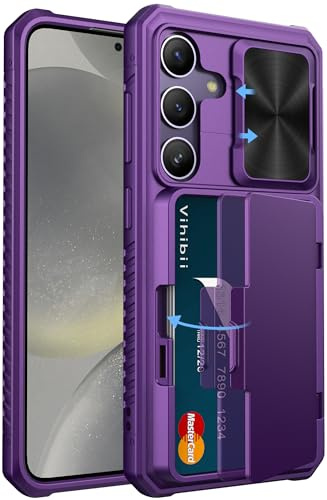 Vihibii for Samsung Galaxy S24 Wallet Case with Card Holder, Dark Purple | Slide Camera Protection Cover & Kickstand, Rugged Durable Phone Case for Samsung Galaxy S24 6.2 5G 2024