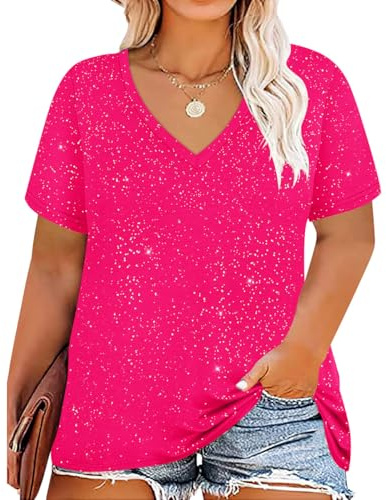 CARCOS Plus Size Glitter Tops for Women 3X Short Sleeve Shiny Sequin T Shirts Basic V Neck Summer Hot Pink Blouses Clubwear Party Sparkle Tunics 3XL 22W 24W