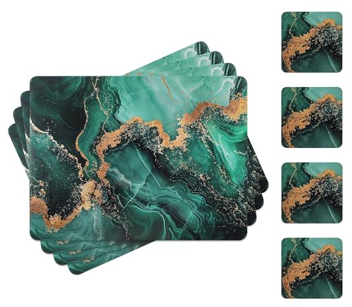 fanquare Platzsets für Esstisch mit Marmor Textur und weicher Korkunterlage - Hitzebeständige Tischsets, 4er Set, Grün, 41x31cm inkl. Untersetzer