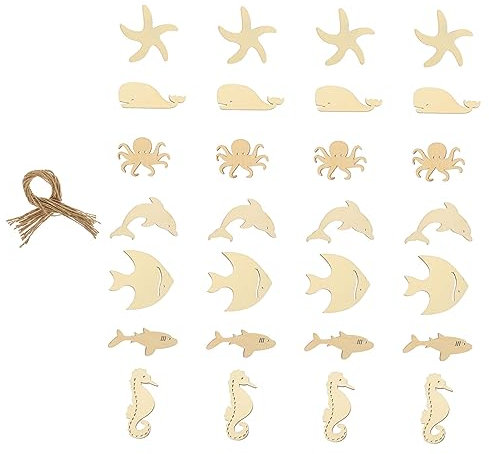PLAFOPE 28pcs Ocean Animals Wood Cutout Slices Wooden Craft Decorations Unfinished Wood Chips for DIY Art Projects and Home Nautical Decor