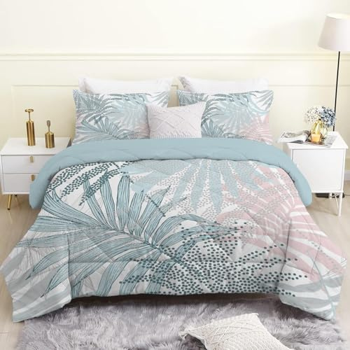 Bettdecke 135x200 4 Jahreszeiten, Blaue Blätter Steppdecke Ganzjahresdecke | Warme Vierjahreszeiten mit Weiße Pflanzen, Bettdecke ohne Bezug 135x200, Waschbar, Schlafdecke mit 2 Kissenbezügen 80x80 cm