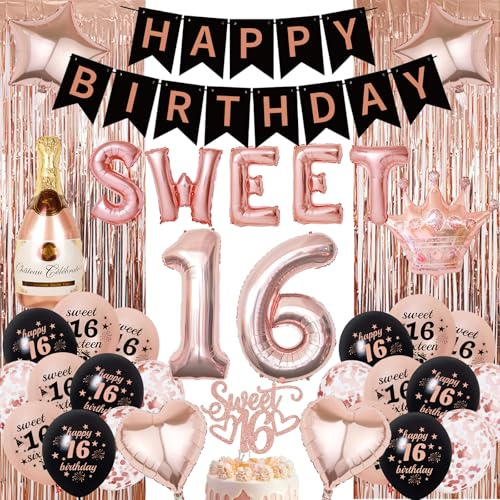 OIODDYY 36 Pcs Sweet Rosegold Schwarz Deko Set - 16. Geburtstag MäDchen Party Deko Set mit Ballons, Banner, Fringe, Konfetti, Tortendeko Geburtstag - Schwarz Roségold - Für Frauen & MäDchen