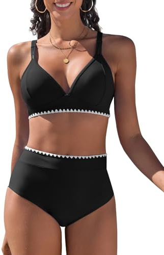 UMIPUBO Maillot De Bain Femme 2 Pieces Bikini Set Col en U Grande Taille Haute Push Up Contrôle du Ventre Sexy D'Été Plage Classique Slim Deux Pièces Ensemble Swimwear(Noir,M)