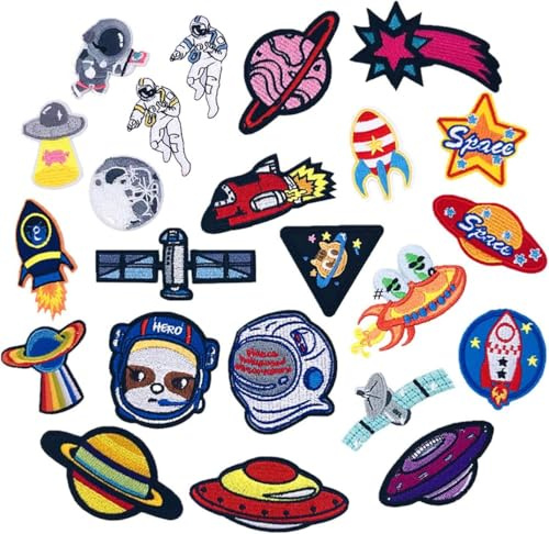 Toppe Termoadesive Ricamate, 23 Pezzi Patch da Ricamo Adesivi Modello di Astronauta assortite decorative, per Tessuti da cucire o stirare su vestiti, cappelli, jeans, accessori fai da te