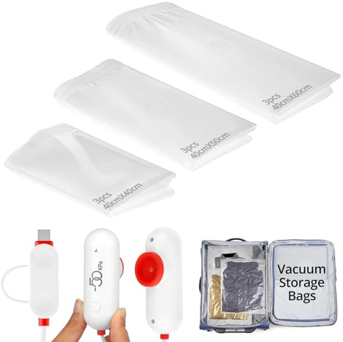 QWORK® 9 stück vakuumierbeutel mit elektrischer pumpe, wiederverwendbare vacuum bags, platzsparende lösung für kleidung und reisen, usb-betrieben