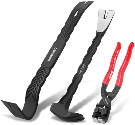 HAUTMEC 3 PCS Pry Bar Set, 15 Flat Pry Bar, 12 Cats Paw Nail Puller Tool and 8 End Cutting Pliers, Heavy Duty Dorp Forged Crowbar Pry Tool for Prying, Lifting and Removing Tasks, HTASM25022