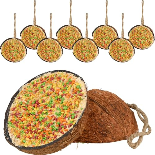 dobar® Set di 10 metà di cocco di vitamine per uccelli selvatici, con cordoncino da appendere, per tutte le stagioni, mangime per uccelli selvatici, 2 kg