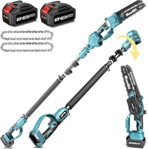 SEESII 2-in-1 Motosega Telescopica & Mini Motosega con 2 Batterie da 4000mAh, Motosega Senza Spazzole da 8 Pollici con Asta Telescopica, Estendibile fino a 15 Piedi Ideale per Potatura Alberi