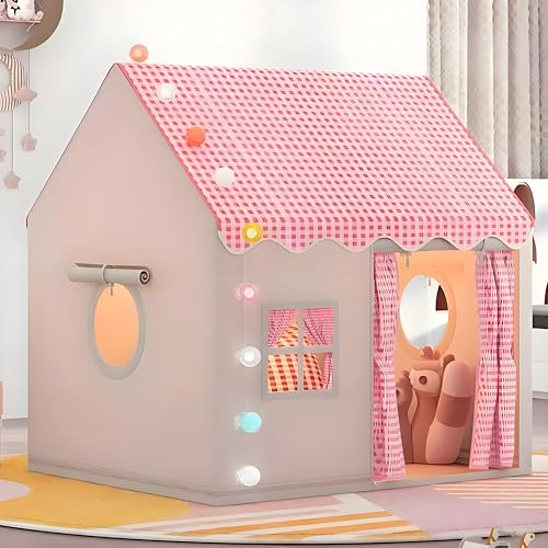 Children's tent Playhouse with Star Lights and Tote Bags, Kids Play Tent Indoor & Outdoor, Washable Teepee Tent for Girls, Kids Play House for Toddler, Neutral Color Play Room Furniture（Pink）