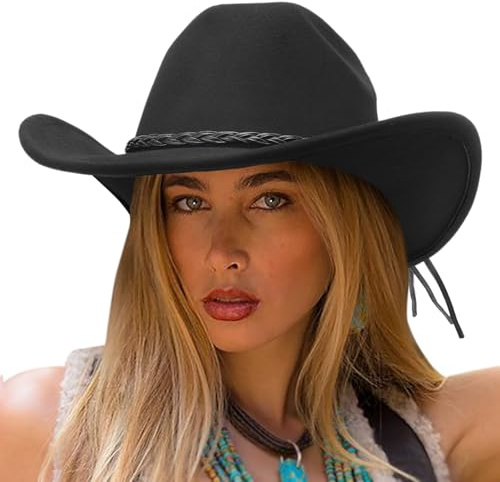 DRESHOW Sombrero de Vaquero para Mujers y Hombres Sombrero de Vaquera Western Clásico con Cinturón de Hebilla Sombrero de Enrollado de ala Ancha Grande Moldeable Fieltro Fedora para Unisex