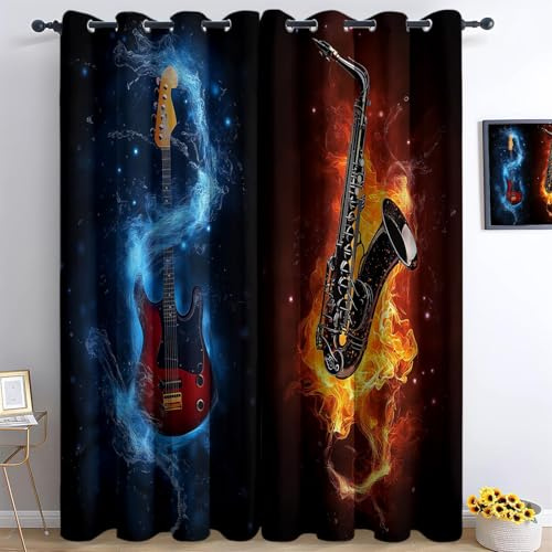 Blickdichte Vorhänge H 160 x B 70 cm (2er Pack), Fantasy-Flammen Musik Coole Gitarre Verdunkelungsvorhang mit Ösen Thermovorhange Hitzeschutz Gardinen für Wohnzimmer Schlafzimmer, Blau Orange