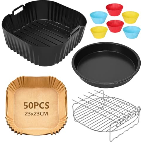 FDOUIGE Accesorio para freidora de aire caliente, 23 cm, accesorio XXL para COSORI 6L, 6,2L, 6,4L, Air Fryer Accessories con molde de silicona, parrilla, bandeja para pizza, papel
