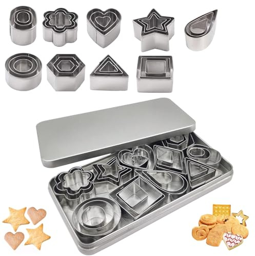 Mini Cookie Cutter Set, 30Pcs Metal Cookie Cutters Set, 10 Shapes Small Biscuit Cutters, Cookie Cutters Shapes Baking Set, with Box Geometric Biscuit Cutter Stainless Steel Fondant