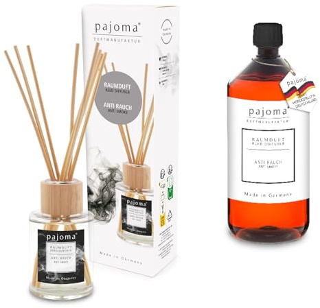 pajoma® Raumduft Anti Rauch 100 ml + Nachfüller 1000 ml | Komplett-Set mit Rattanstäbchen | Langanhaltender Diffuser, Premium Qualität