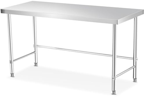 Stainless Steel Catering Work Table, Heavy Duty Commercial Kitchen Work Table with Open Base & Non-slip Footpads, Food Prep Workbench for Home Restaurant Kitchen Garage 152x61x89cm - NO WHEELS