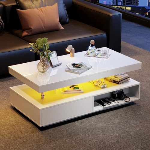 BTM Hochglanz Couchtisch, mit 4 Glasplatten, 2 Schubladen und 2 offenen Fächern, Unterschrank im Wohnzimmer, 95x50x42 cm, Weiß
