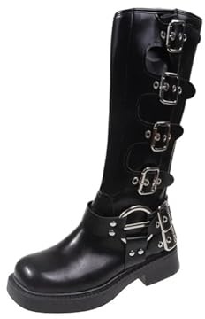 HUDFVIOI Höga stövlar för kvinnor knähöga damstövlar elegant plattform låg klack gotisk punk trend, svart, 42 EU