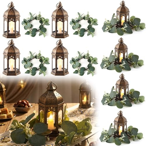 Teecyhooo 8 Sets 7in Large Vintage Ramadan Lantern, LED Candle Lantern Decorative with Artificial Eucalyptus Candle Rings for Wedding Centerpiece Decor Party Table Decorations Valentine's Day Decor