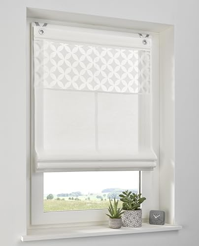 Kutti Raffrollo ohne Bohren Weiß „Jessy“ – Halbtransparentes Faltrollo mit Ausbrenner-Blende, grafisches Design, Baumwolle/Polyester, Fensterrollo modern, 80 x 140 cm