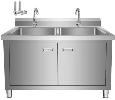 Doppeltüriges Edelstahl Spülbecken L80/100/120cm Gewerbliche Küchenspüle mit 2 Becken Großes Fassungsvermögen zur Aufbewahrung Spritzgeschützte Rückwand 4 Verstellbare Füße zur Montage