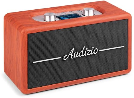 Audizio Tune60 Enceinte Portable BT Rétro avec Radio Dab+ et FM - Haut Parleur sans Fil Vintage 40W avec USB, Micro SD, AUX et Télécommande - Enceinte Mobile Design Cerisier